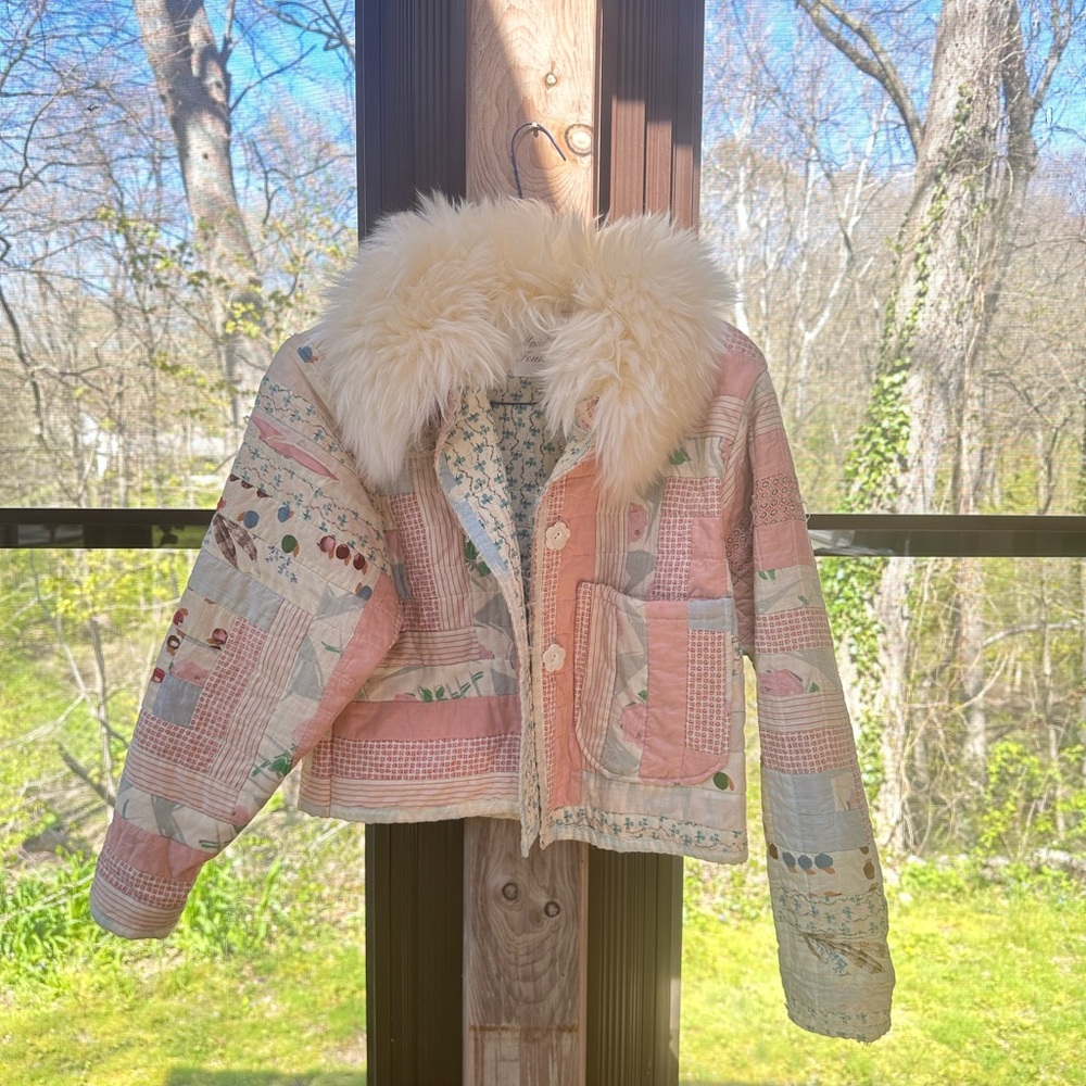 Vintage Patchwork Quilt Coat with Sheepskin Collar